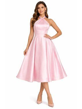 Blush Pink Satin Halter Dress Bow Back A Line Formal Gown 24W